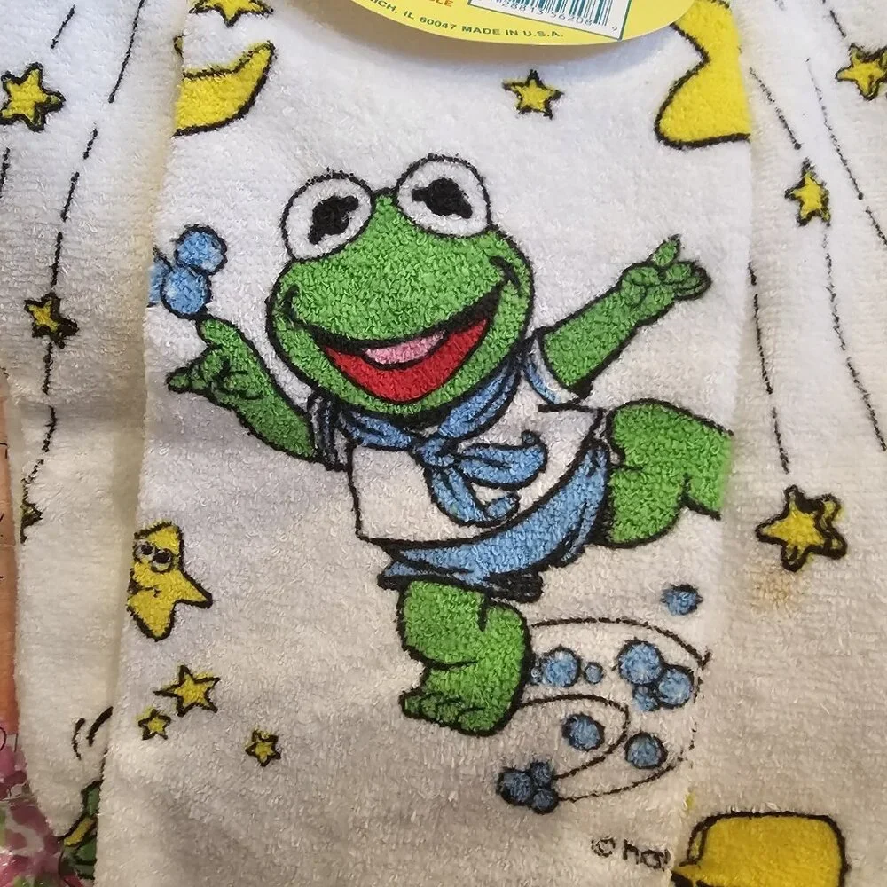 VTG Muppet Babies Kermit Miss Piggy Kids Bath Towel Set‎ Wash Cloth NEW USA Made
